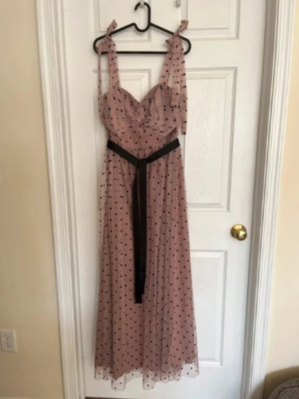 Blush Polka Dot Maxi Dress with Black Waist Sash